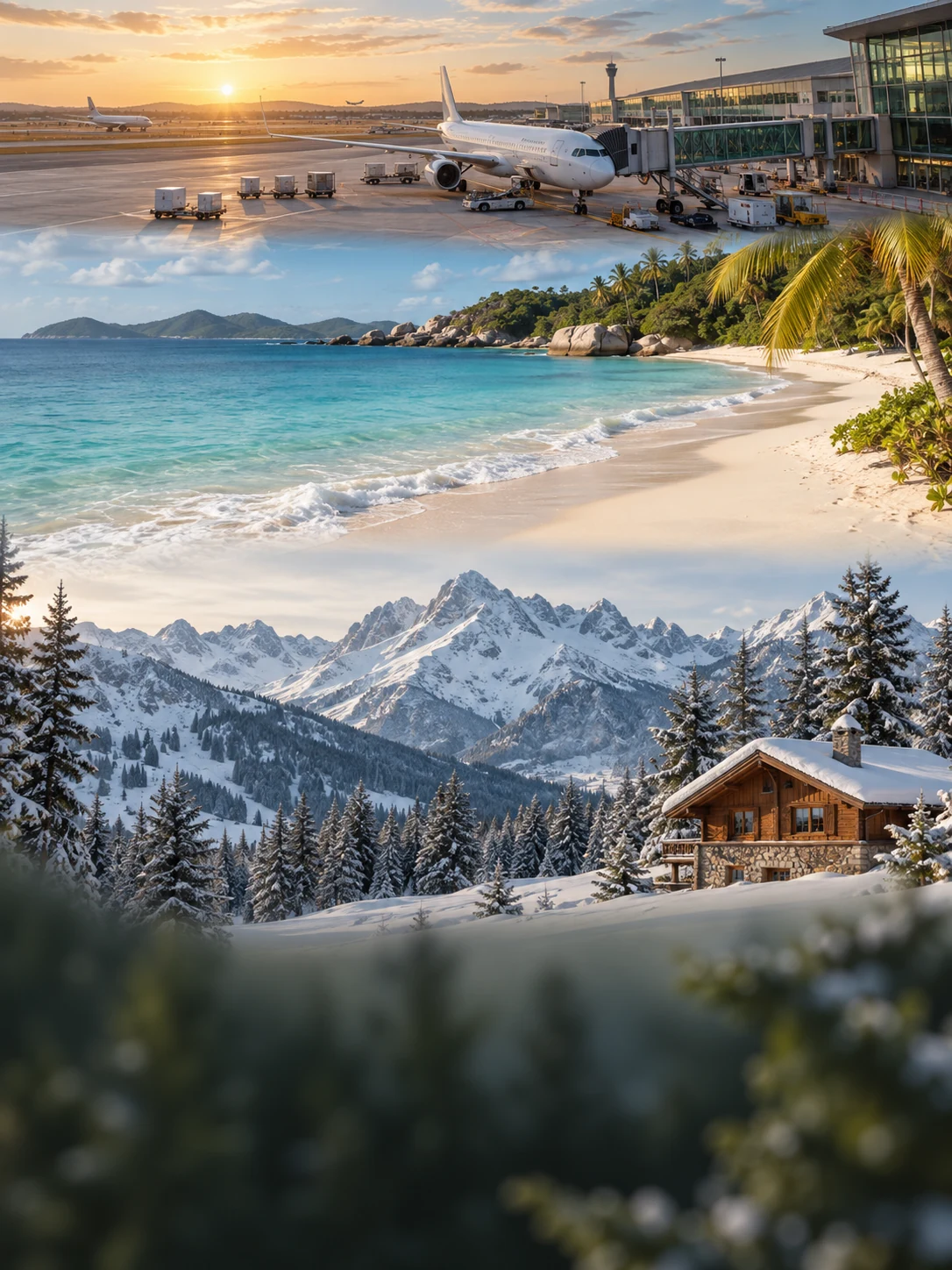 Composição de viagem com aeroporto, praia e destino com neve